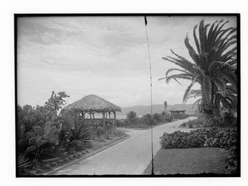 View of walkway, fence and gazebo on bluff, Palisades Park, Santa Monica, California
