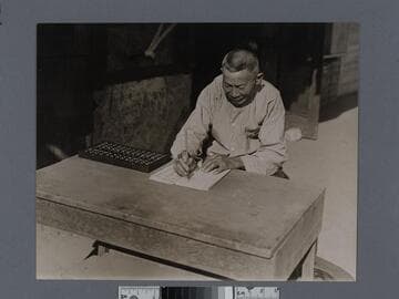 Chinese merchant with abacus in Old Chinatown, Los Angeles