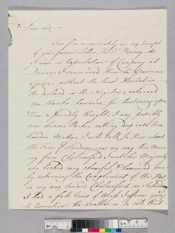 Turner, Edward, Sir, 1719-1766. Letter to Theophilus Leigh, 1693-1785