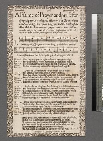 A psalme of prayer and praise for the prosperous and good estate of our soueraigne lord the King, his royall progeny, and the whole estate of his Maiesties dominions and people  drawne from the fountaine of faith, for the priuate vse of the poore orphanes in Christs Hospitall  or any true Christian, wishing wealth and peace to Sion