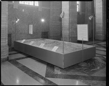 Large 3D relief map created by the Display Division showing hydroelectric development in the Sierra Nevada Mountains on display at the Edison General Office