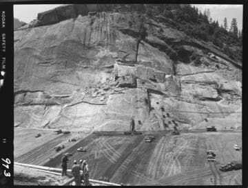 Big Creek - Mammoth Pool - General view of west abutment showing grouting, cutoff wall, and drilling on blister