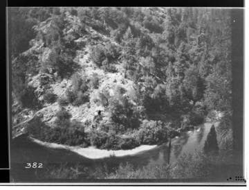 Overhead shot of river below running through a wooded area