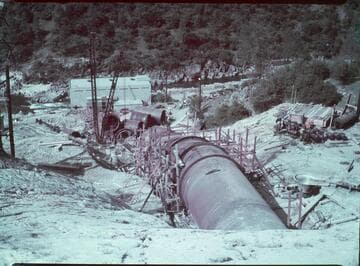 Big Creek #4 project: Construction shot of Penstock running down slope to Powerhouse #4