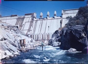 Big Creek #4 project: Shot looking at Dam 7, almost complete looking up from the riverbed, downstream of dam
