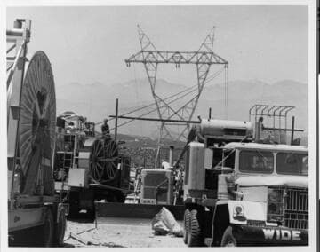 Stringing wire on the Mira Loma-Lugo 500 kV transmission line in Cajon Pass, 1979