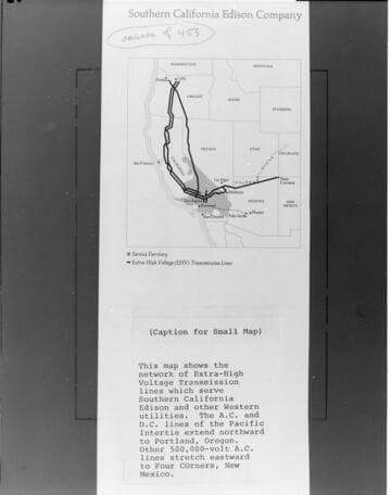 A map of the Western United States showing SCE service territory and the extra-high voltage (EHV) transmission lines