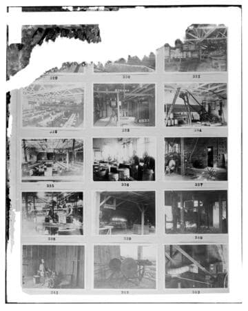 This is a multi-image negative that depicts uses of electricity in local industry. Undamaged images included on the plate are copies of original negatives: 02 - 00331; 02