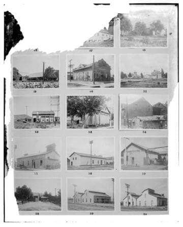 This is a multi-image negative that depicts southern California substation buildings, stables, and a steam plant. Undamaged images included on the plate are copies of original negatives: 02 - 00048; 02
