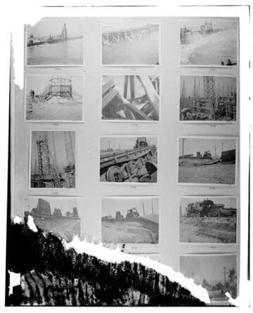 This is a multi-image negative that depicts construction at Long Beach Steam Plant and SPLA&SL train wreck near plant. Undamaged images included on the plate are copies of original negatives: 02 - 00788; 02