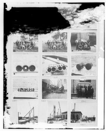 This is a multi-image negative that depicts group photos, L.B.S.P. construction, engine repair shots. Undamaged images included on the plate are copies of original negatives: 02 - 01982; 02