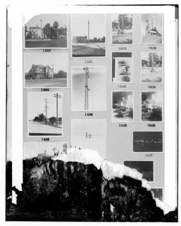 This is a multi-image negative that depicts guying a pole, lineman Sam Darnel, substations, Ocean Park at night, L.B.S.P., Bi-Polar Generator, and transposition of telephone line on a steel pole. Undamaged images included on the plate are copies of original negatives: 02