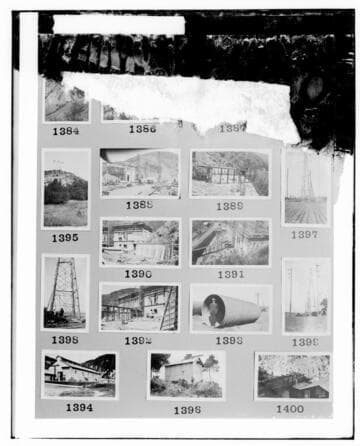 This is a multi-image negative that depicts hydro project shots of Los Angeles Powerhouse, SAR hydro, Yucaipa Sub. and tower repairs. Undamaged images included on the plate are copies of original negatives: 02 - 01388; 02