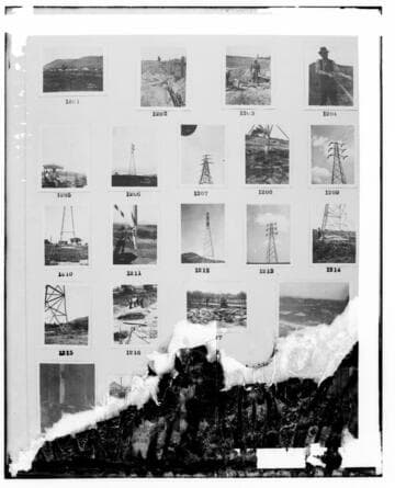 This is a multi-image negative that depicts transmission line construction. Undamaged images included on the plate are copies of original negatives: 02 - 01201; 02
