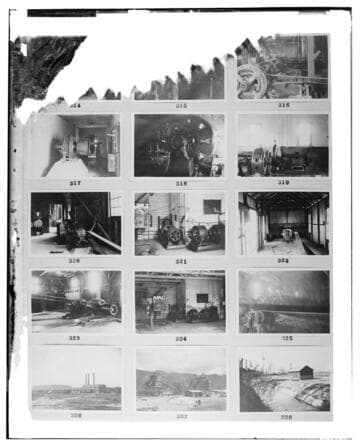 This is a multi-image negative that depicts uses of electricity in local industry. Undamaged images included on the plate are copies of original negatives: 02 - 00316; 02