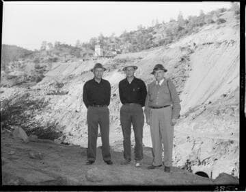 Big Creek construction work: Three men at PH 4 or Dam 7 construction site