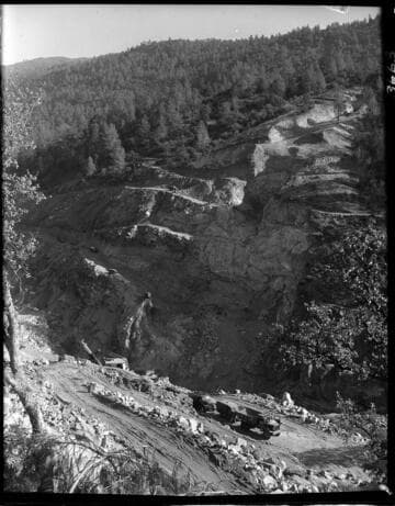 Dam 7 construction work: terraced construction road in canyon at Dam site