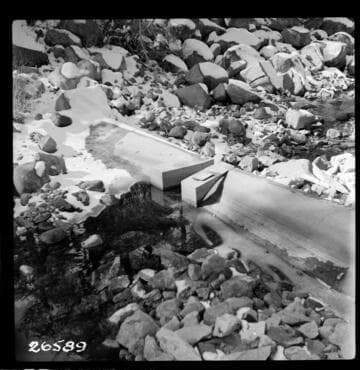 Big Creek, Florence Lake Dam - South fork San Joaquin River - Upstream view of Dam and Parshall Flume below Hooper Creek