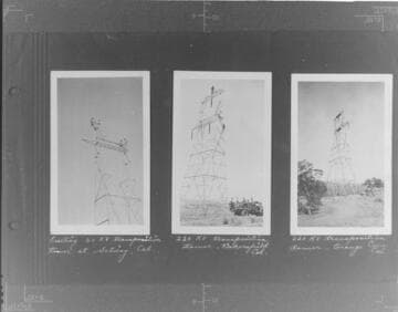 Erecting 60kV transposition tower at Saticoy, CA. ; 220kV transposition tower, Bakersfield, CA. ; 220kV transposition tower, Orange Cove, CA