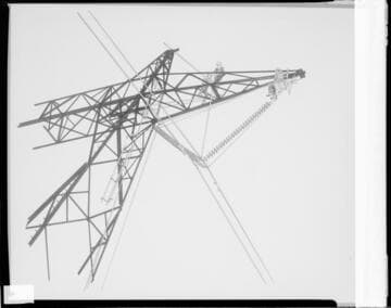 Drawings showing linemen stringing high voltage conductors onto suspension insulators on transmission towers