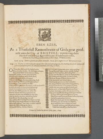 Eben Ezer, as a thankefull remembrance of Gods great goodnesse unto the city of Bristoll, in preserving them from the forces of Prince Rupert without, and a treacherous plot within, to betray the city to them the seventh day of March 1642. T.P. dedicates this