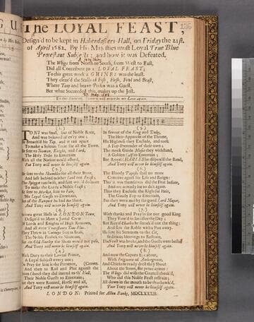The loyal feast, design'd to be kept in Haberdashers-Hall, on Friday the 21st. of April 1682. by His Majesties most loyal true blue Protestant subjects  and how it was defeated. The Whigs from north to south, from west to east, did all contribute to a loyal feast  to this great work a guiney was the least. They clear'd the stalls of fish, flesh, fowl and beast, where Tony and brave Perkin was a guest, but what succeeded this, makes up the jest. To the tune of, Sawney will never be my love again