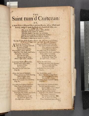 The saint turn'd curtezan: or, A new plot discover'd by a precious zealot, of an assault and battery design'd upon the body of a sanctify'd sister, &c. Who in her husband's absence, with a brother did often use to comfort one another  till wide mouth'd Crop, who is an old Italian, took his mare napping, and surpriz'd her stallion: who 'stead of entertainment from his mistris, did meet a cudgelling not match'd in hist'ries. To the tune of the Quakers ballad: or, All in the land of Essex