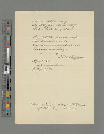 Samuel Greene Wheeler Benjamin poem "Ode on the death of Abraham Lincoln"