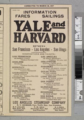 Information fares sailings : Yale and Harvard between San Francisco - Los Angeles - San Diego