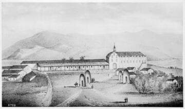 Mission San Gabriel from Alfred Robinson's "Life in California." Litho of G. & W. Endicott