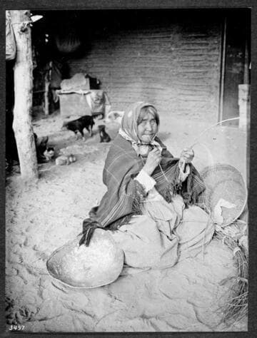 Chemehuevi Indian basket weaver making splints
