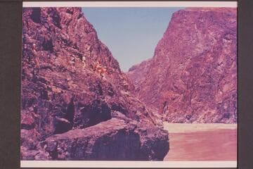 Head of Sockdologer Rapid.  Bright Angel gauge:  27,200 cfs.  Crew on the rocks for a looksee