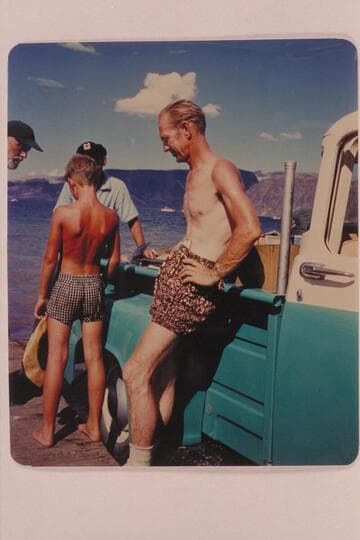 Jack Speirs at Boulder City beach; end of Grand Canyon run.  Jimmy Jordan blocks out his dad and Ed I'Anson is at left