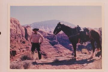 Dan Lehi at the mouth of Nasja Creek.  The fork of Bald Rock and Nasja Creeks is behind the horse