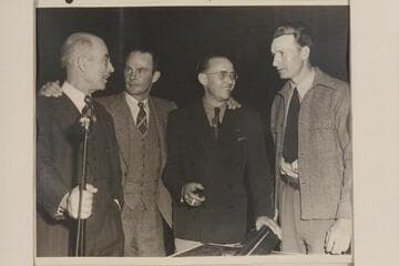 Boatmen of the Nevills party which had completed the runs of the Salmon and Snake Rivers in 1946:  Dock Marston, Norm Nevills, Pres Walker and Kent Frost