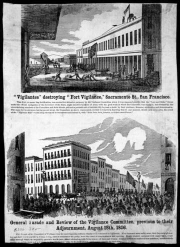 "Vigilantes" destroying "Fort Vigilance," Sacramento St., San Francisco. [upper] General Parade and Review of the Vigilance Committee, previous to their Adjournment, August 18th, 1856. [lower]