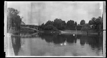 Lake and bridge, Hollenbeck Park, Los Angeles. December 1, 1922