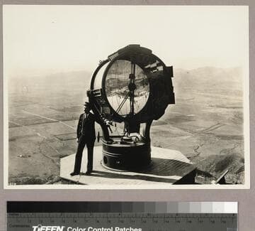 Largest search light on platform overlooking valley, Echo Mt