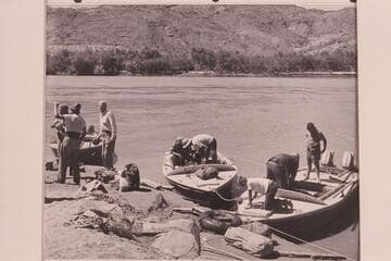 Rigging boats and stowing duffle at Lees Ferry.  L to R:  Sanderson, Taylor, Desloge, Visbak, Spence Cavalliere, Bill Belknap and Buzzy Belknap