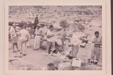 Crew in camp at head of Soap Creek Rapid:  Masland, Taylor, Marston, Sanderson, Marston, Beer, Desloge and Cutler