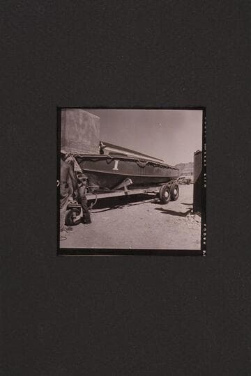 Boat "I" on Claude Nichols' trailer at Boulder City.  The cradle was rigged for putting the second boat on top.  The boats were hauled back to Burbank and stored