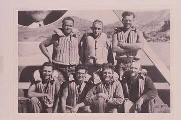 The crew who made the 1934 Grand Canyon transit.  Copy of print on Eddy lecture circular.  Upper:  Frazier; Eddy; Swain.  Lower:  A. Hatch; Mowrey; B. Hatch; Fahrni