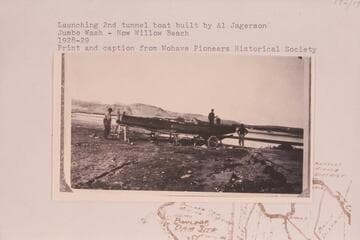 Launching second tunnel boat built by Al Jagerson.  Jumbo Wash; now Willow Beach
