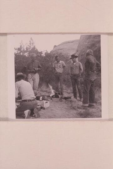 Breakfast at camp at head of middle fork of 73.  Tom Daly kneels at left, Josh Eisaman, Christy Turner, Buster Ordiway and Archeyes Masland in picture