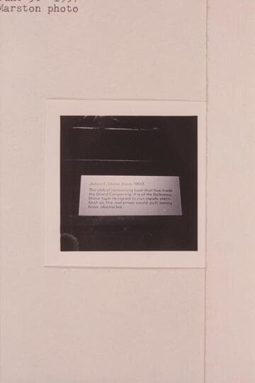 Sign on the Galloway-Stone boat which was used by Julius F. Stone in his River trip of 1909 from Green River, Wyoming, to Needles.  The boat was on exhibit at the opening of the Visitors Center at Grand Canyon at the time of the official opening