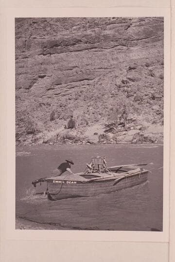 Dan Sheridan, playing Jack Sumner, jumps into the "Emma Dean" to rescue the men from the island at Disaster Rapid.  "The Colorado River Story" filmed by Disney above Moab