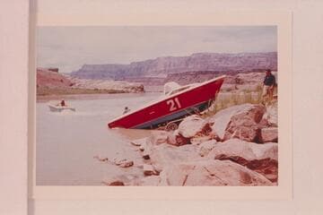 Launching the "Big Red" at Lees Ferry.  The "Wee Yellow" is pulling it off the trailer