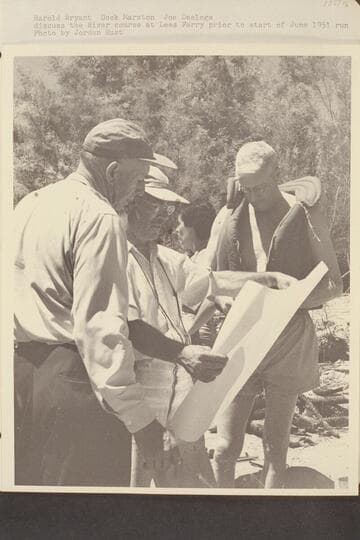 Harold Bryant, Dock Marston, Joe Desloge discuss the river course at Lees Ferry prior to start of 1951, June run