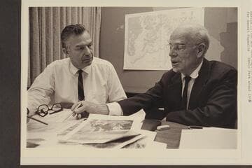 Martin Little and Dock Marston discuss a Grand Canyon yarn for Sunset Magazine.  Menlo Park