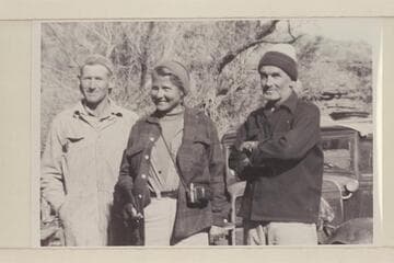 Ruben Nielsen, Maureen Henderson, Harry Aleson.  At Ruben and Beth Nielsen tent camp, Hite